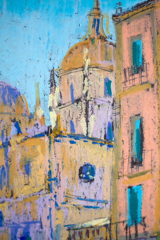 Segovia Cathedral. Light and shadow. Oil pastel painting. Small colorful urban landscape home decor interior gift idea city scape sun happy
