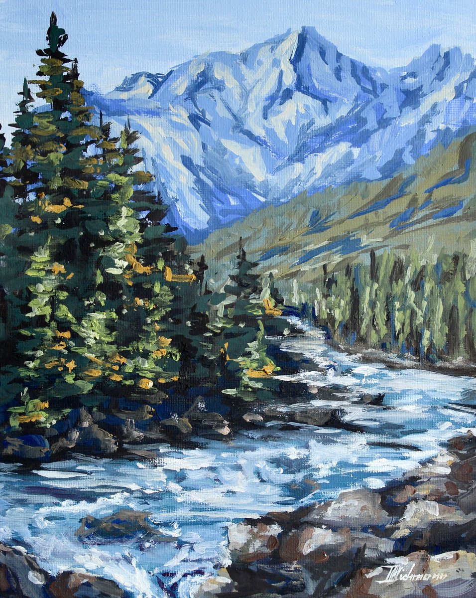 Impressionistic Landscape Oil Painting By Liza Illichmann, 9 X 12", Majestic Mountain Falls, Original Artwork