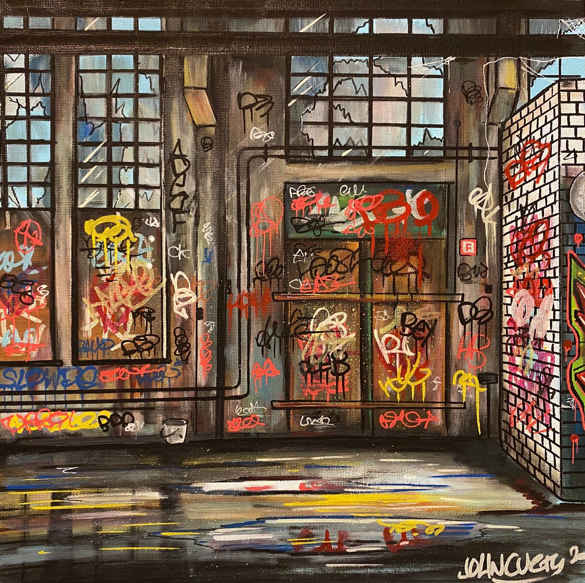 Illustrative Painting , Abandoned Warehouse - On Canvas Board By John Curtis, 12 X 12, Artwork For Sale On Artfinder