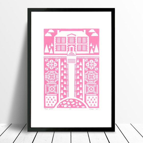 Manor Garden Print A3 Size in English Rose - Framed - FREE UK Delivery