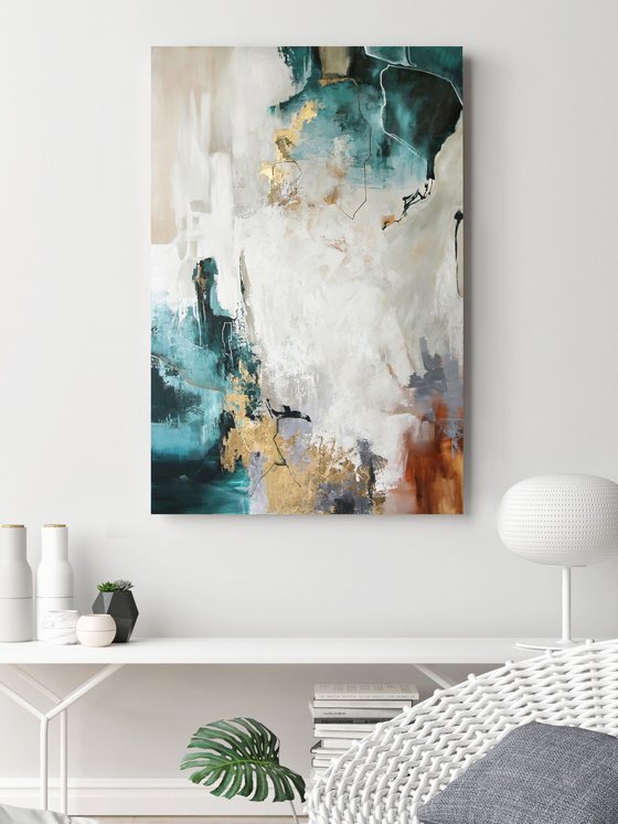 "Teal bloom" Emerald green gold abstract art