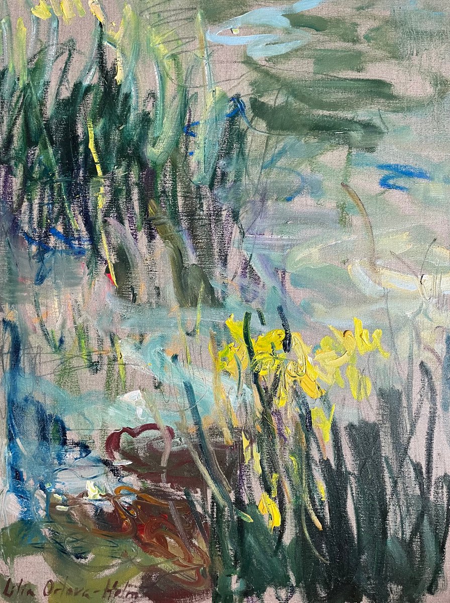 Expressive Landscape Oil Painting By Lilia Orlova-Holmes, 18 X 24", Yellow Irises By The Pond, Original Artwork
