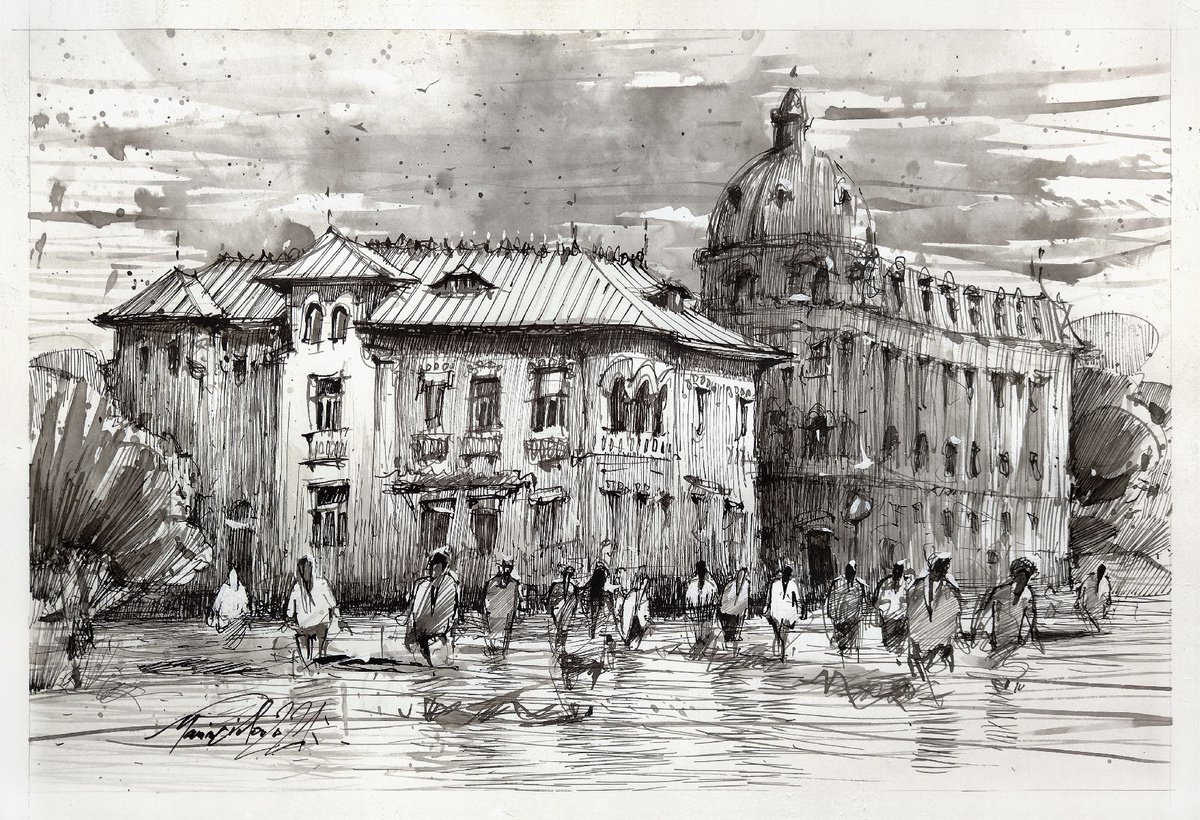 Urban ink sketch drawing, Bucharest, Romanian architecture. by Marin Victor