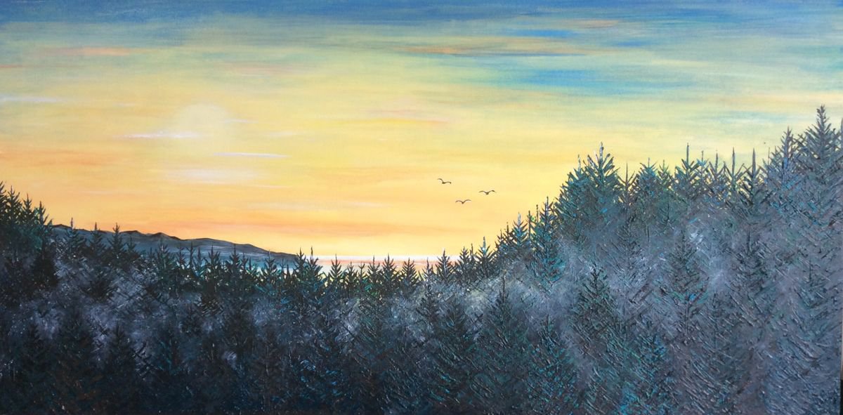 Sunrise Firs (large ready to hang canvas) by Lucy Smerdon