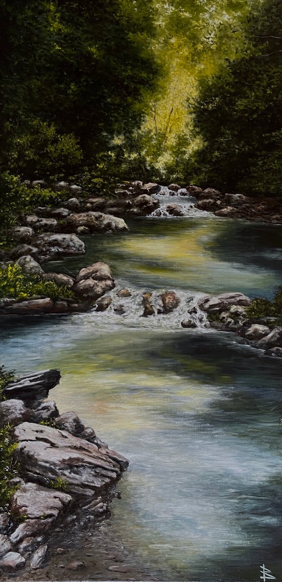 Impressionistic Landscape Oil Painting By Oleg Baulin, 16 X 31", Forest Water Flow, Original Artwork