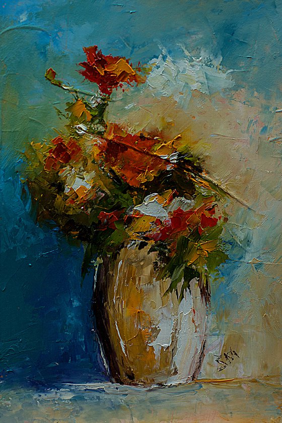 Flowers in vase. Still life painting