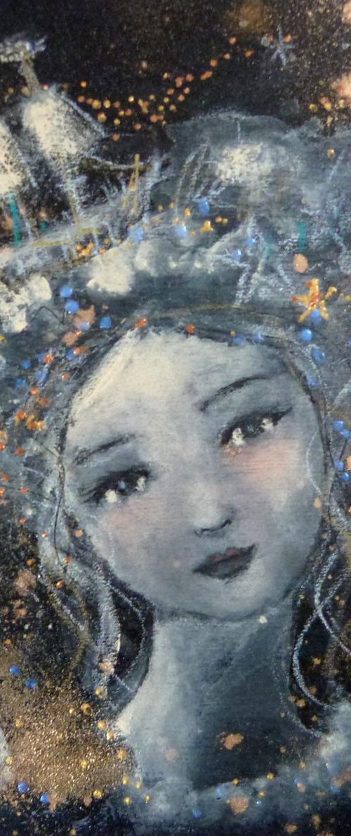 "Reviendras tu?"  portrait mix media on wood  20x20cm by Loetitia Pillault