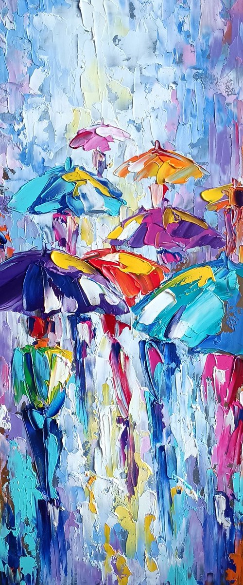 Color kaleidoscope - under the rain, painting on canvas, umbrella art, people in the rain, oil painting, people art, rain, umbrella, impressionism by Anastasia Kozorez