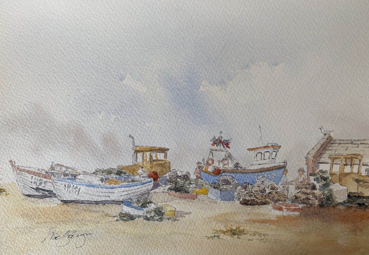 Impressionistic Landscape Watercolour By Noel Sawyer, 10 X 7", The Crab Boats With Reuben-William Boat, Original Artwork