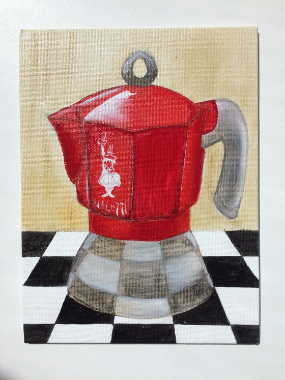 Italian red coffee grinder on a chessboard - Gift idea for coffee lover