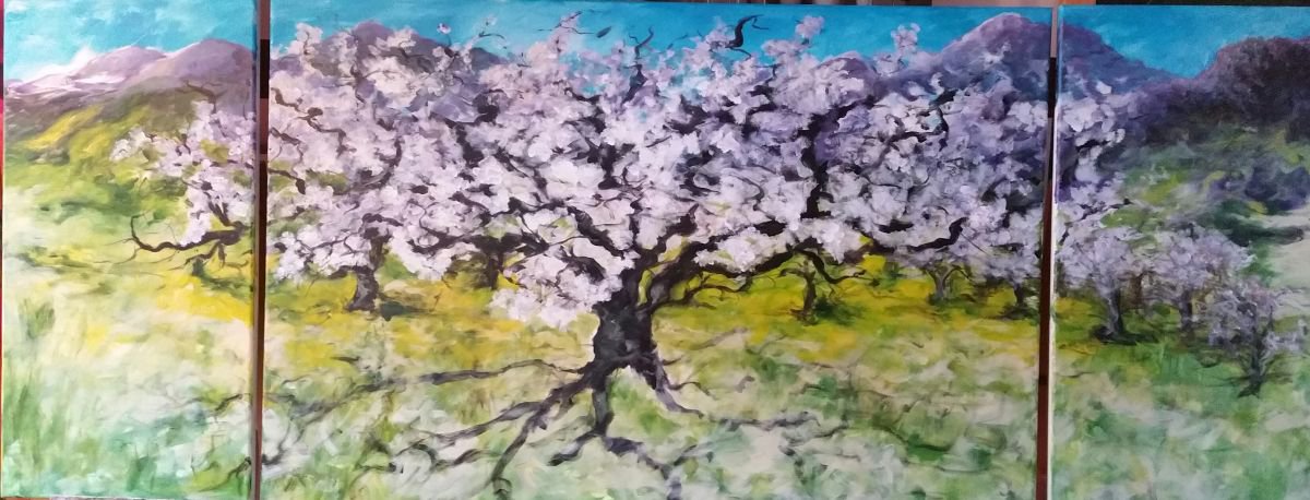 Almond Trees in landscape triptych by Hilda Hendriksen