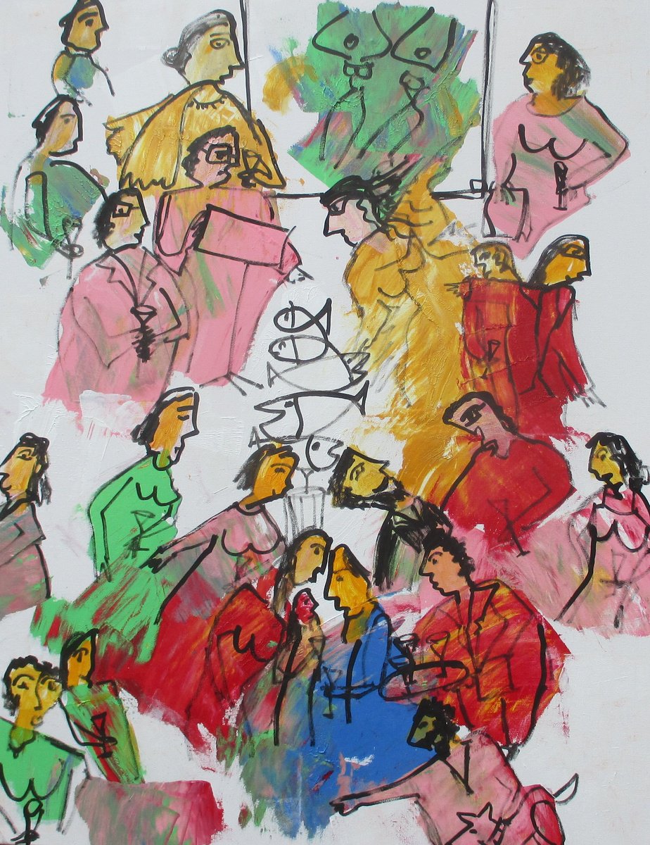 Expressive Portrait Acrylic Painting By Sonja Zeltner-Muller, 31 X 39", People In Gallery, Original Artwork