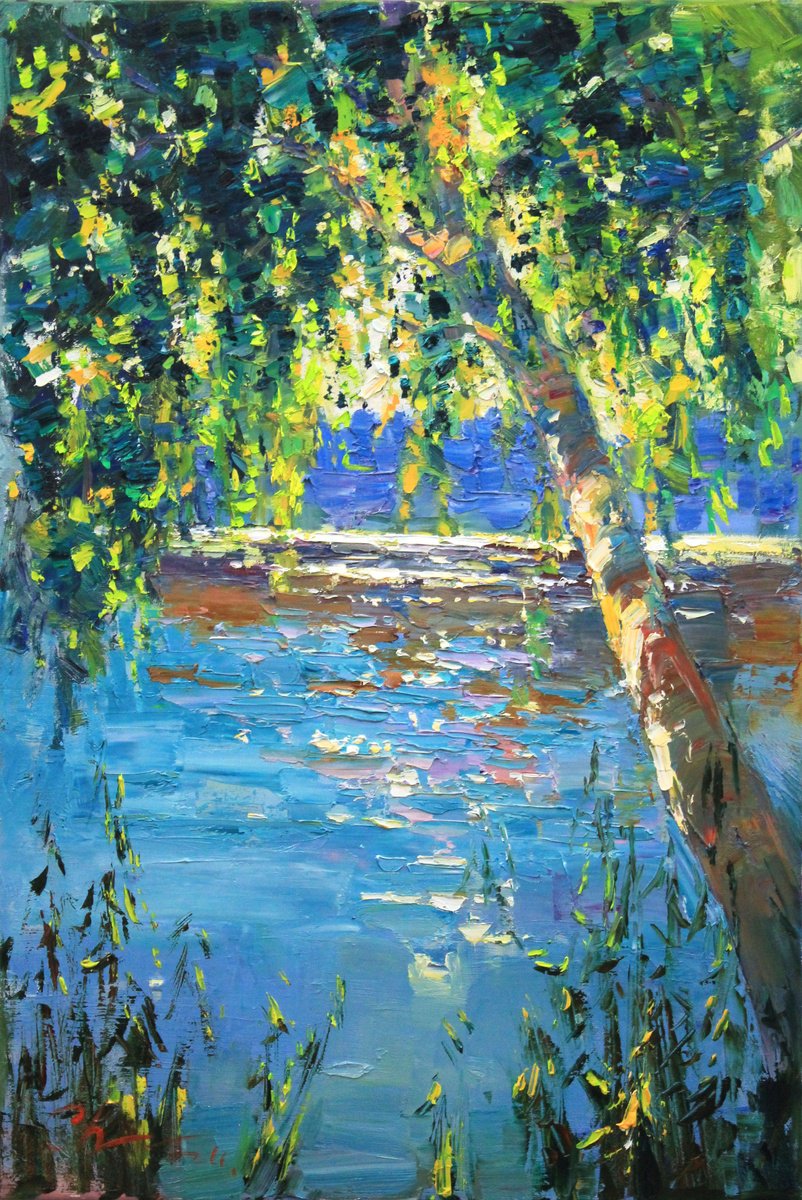 Impressionistic Landscape Oil Painting By Serhii Cherniakovskyi, 20 X 30", Morning Rays By The River, Original Artwork