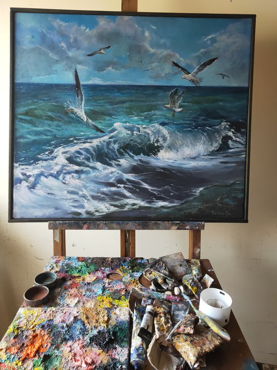 "Seagulls over the waves"