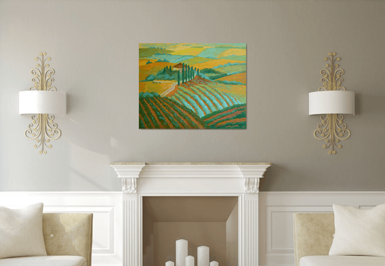 Vineyards of Tuscany 80x100 cm Impressionistic Landscape Large size Spring warm yellow green ohre