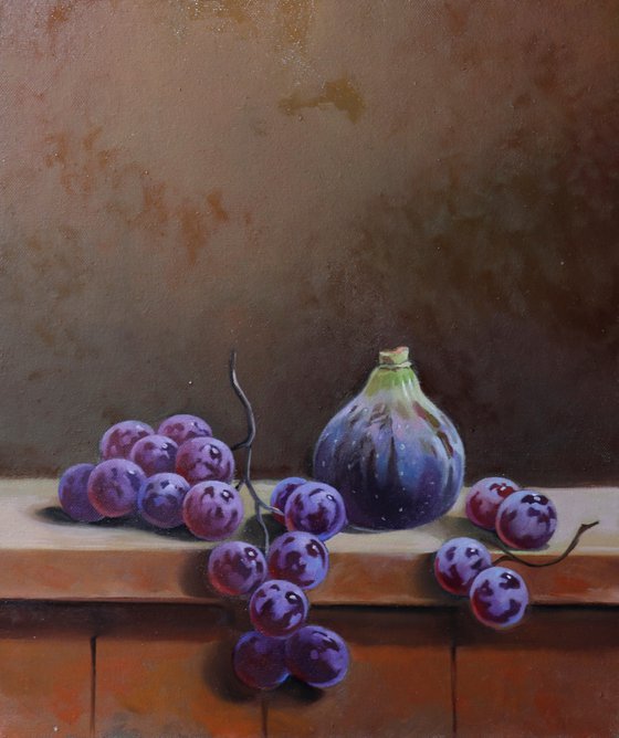 Still life grapes and figs (24x20cm, oil painting, ready to hang, framed)