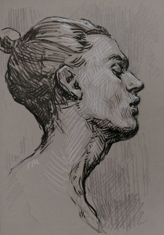 Ink, pencil, white crayon portrait drawing