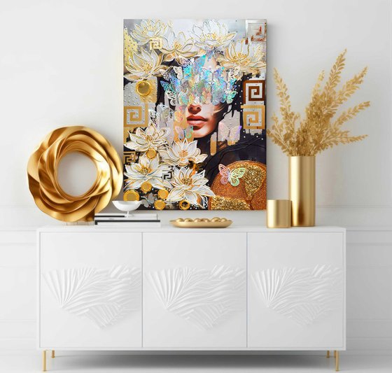 Woman and white lotuses (white lilies) - mirror crystal abstract painting, faceless portrait woman art, Gift