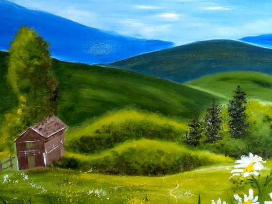 Spring mountain landscape house in mountains daisies" In mountains"