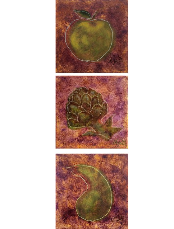 Triptych of small oil paintings with apple, artichoke and pear