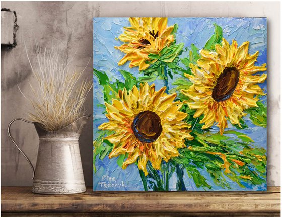 Sunflowers on Blue III - Original Floral Painting on Canvas, Palette Knife Art, Textured Impasto Artwork