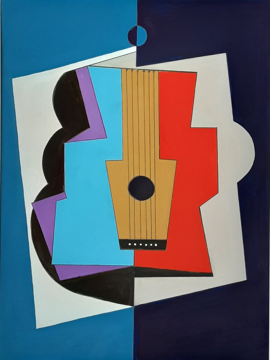 Geometric Abstract Painting By Paul Heron, 17 X 21", Cubist Guitar 2, Original Artwork