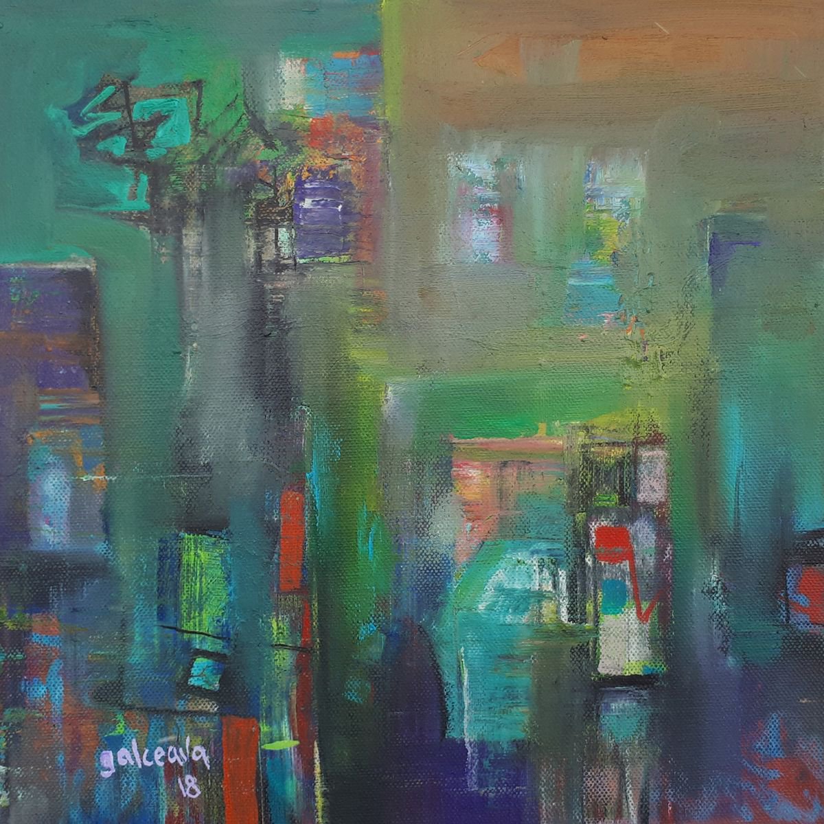 Urban Fog, Small Painting, Green Colors Home Art by Constantin Galceava