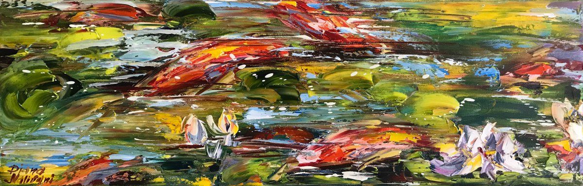 Impressionistic Landscape Oil Painting By Diana Malivani, 24 X 8, Fish, Original Artwork