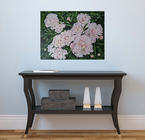 White Peonies in the Sun, Summer Garden Scene