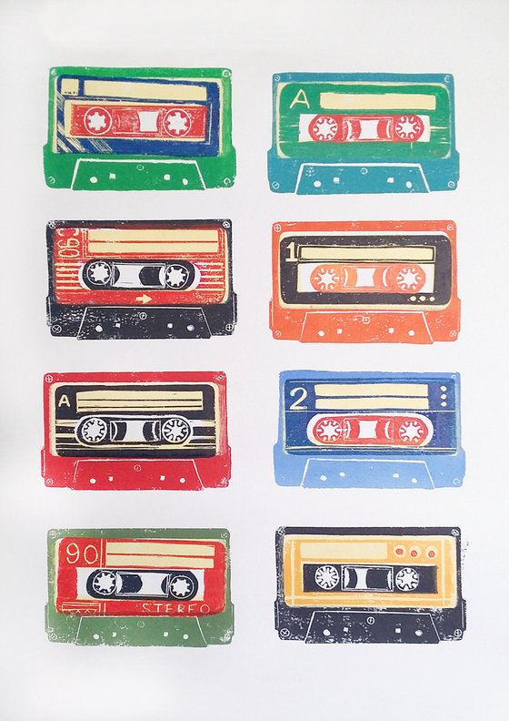 Linocut tapes #31 (cassette tapes, retro music, 70's, 80's rock culture)