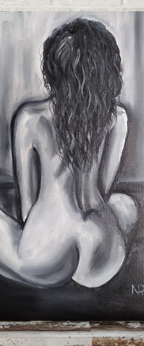 Morning meditation, nude erotic girl sitting oil painting, black and white art by Nataliia Plakhotnyk