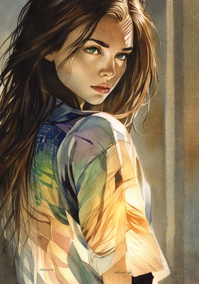 Impressionistic Portrait Watercolour By Reme Jr., 9 X 13", Beautiful Girl Lxxii, Original Artwork