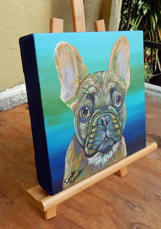 Rainbow French Bulldog Pet Dog Original Art Painting-8 x 8 Inches Deep Set Stretched Canvas-Carla Smale