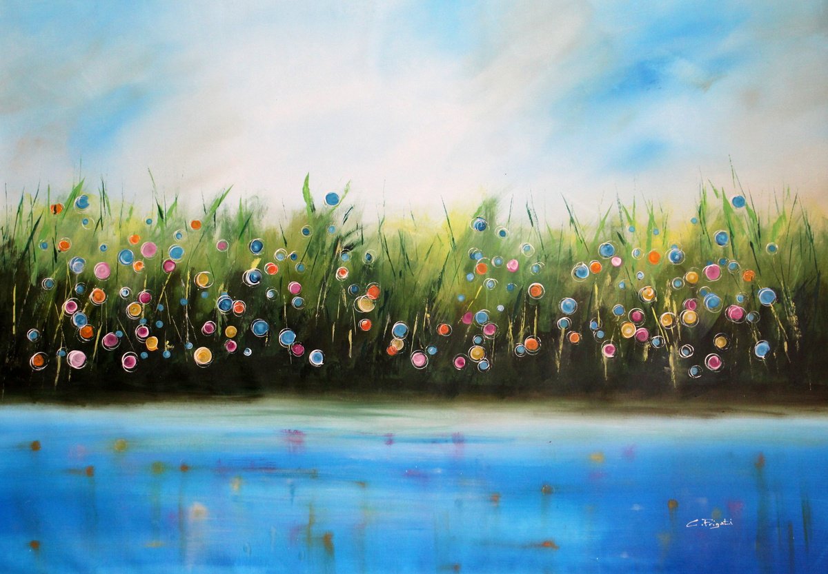 Impressionistic Landscape Acrylic Painting By Cecilia Frigati, 55 X 39, Riverstorm #11, Original Artwork