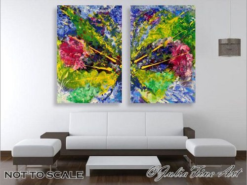 Original Art, Surreal Abstraction, Modern Painting, Hand-painted, Ready to Hang, Rich Texture, Floral Art, Multicolored, Zen, Impasto, Contemporary Abstract Diptych ''Soul Mates'' by Julia Apostolova