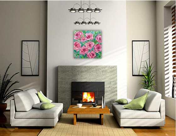 Pink Roses - Heavy Impasto Floral Painting, Palette Knife Art