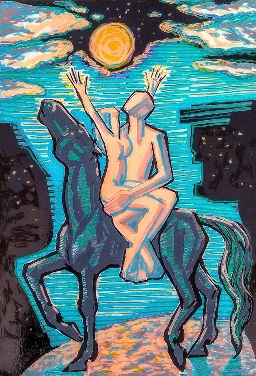 Expressive Portrait Drawing By Rumen Sazdov, 14 X 20", Midnight Sun Of Love, Original Artwork