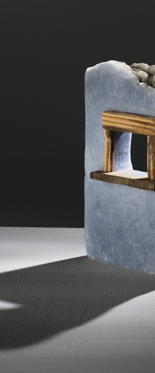 Tuscan Window Alabaster Sculpture w/ wood window by Owen David