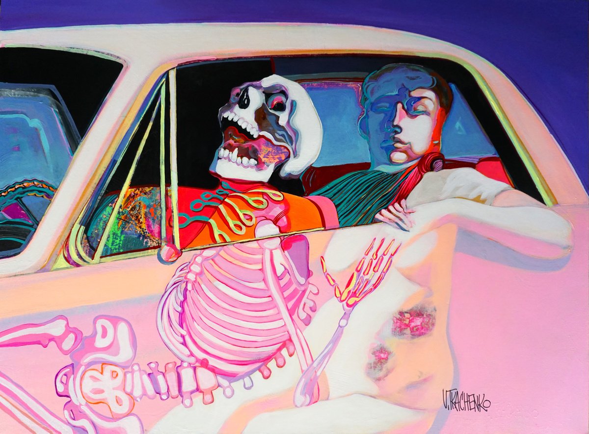 Organic Portrait Acrylic Painting By Victor Tkachenko, 40 X 30", Rush Hour, Original Artwork