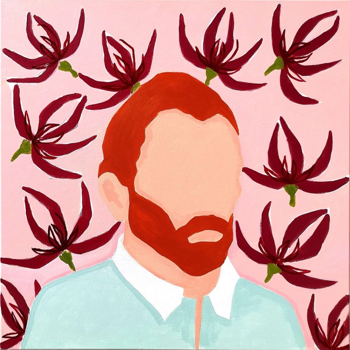 Urban And Pop Portrait Painting By Marisa Anon, 20 X 20", Van Gogh With Blue Shirt And Flowers, Original Artwork