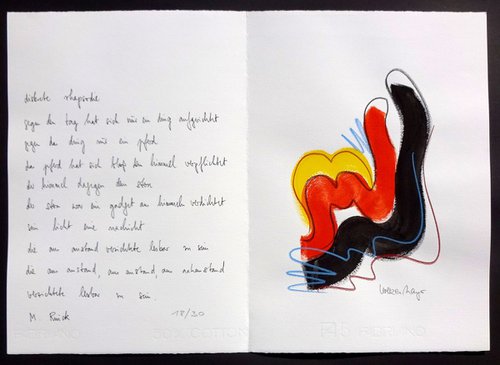 Monika Rinck: Diskrete Rhapsodie, variant 18 - handwritten poem and original gouache by Volker Mayr