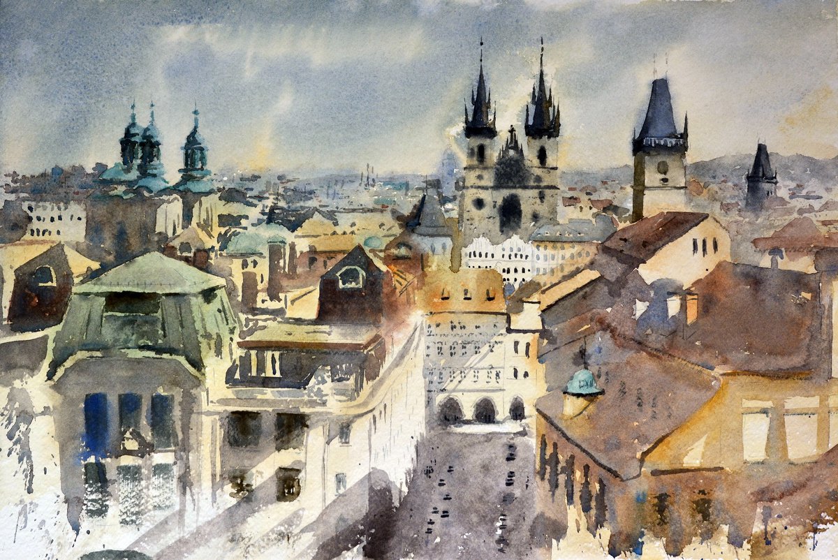 Roofs of Prague 53x35cm 2020 by Nenad Kojic watercolorist