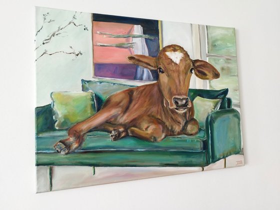 Brown Cow On Green Couch