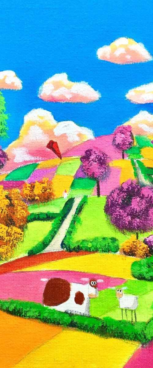 Sheep and a cow folk art painting by Gordon Bruce