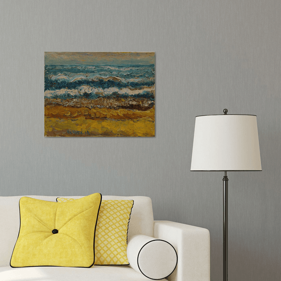 BENGAL BAY WAVES - Landscape art, waterscape, marina, ocean, beach, sun, sky, sunset, light on water, original oil painting, summer, wave, blue, yellow, warm colours, nature impressionism art office interior home decor, gift 50x65