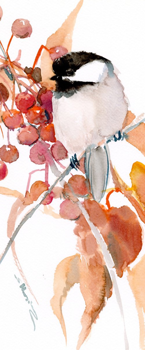 Chickadee bird watercolor art by Suren Nersisyan