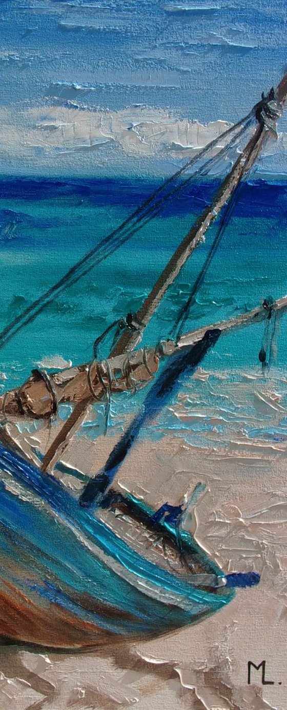 " RELAX IN BLUE " SHIP BOAT SAIL original painting palette knife GIFT MODERN URBAN ART OFFICE ART DECOR HOME DECOR GIFT IDEA
