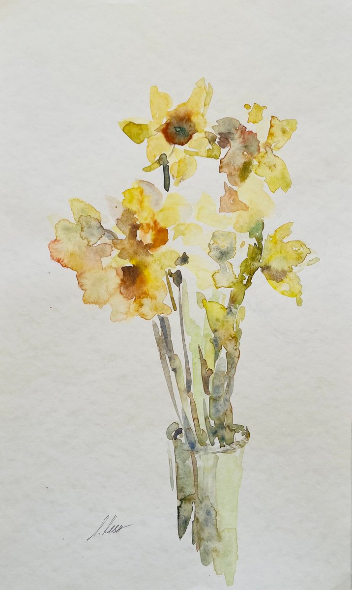 Impressionistic Watercolour , Daffodils 2 2022 By Elena Klyan, 12 X 20, Artwork For Sale On Artfinder