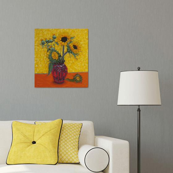 Sunflowers in a Red Vase