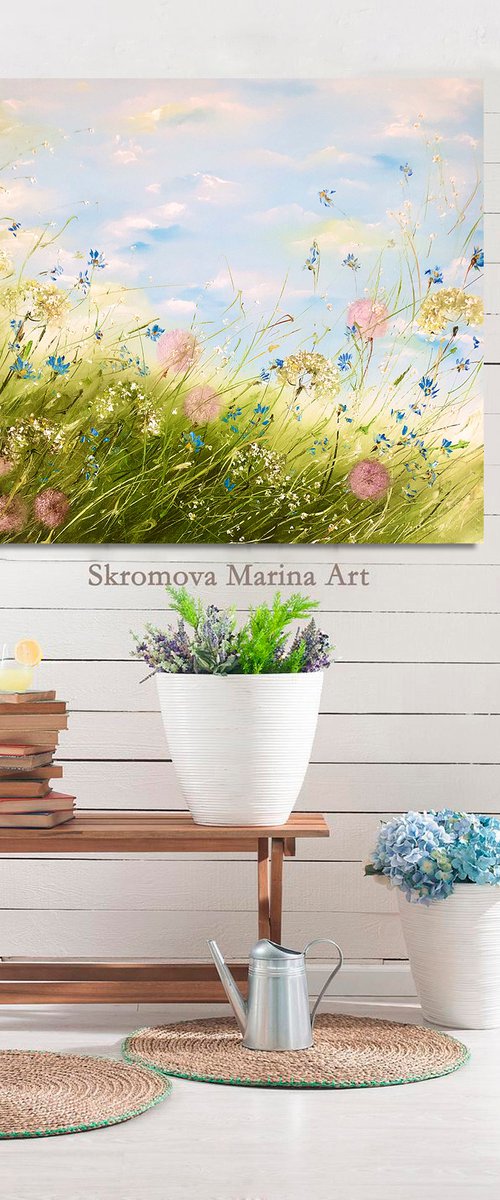 AERIAL WILDFLOWERS - Dandelions. Wildflowers. Wind. Field. A picture of joy. Pink flowers. Meadow. Land. Blue sky. The clouds. Summer. by Marina Skromova